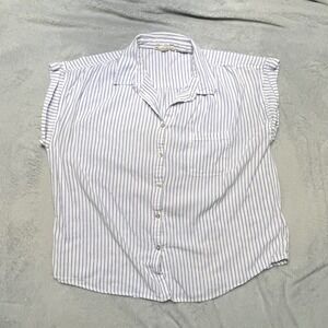 Blue White Stripe Button Shirt Top Coastal Lightweight Beach Flowy Art